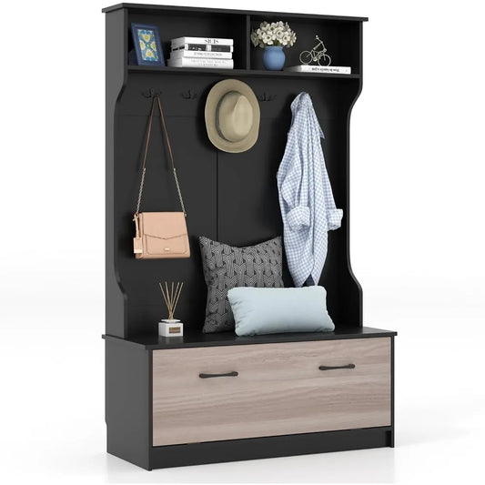 Hall Tree with Coat Rack and Storage Bench, Multifunctional Coat Rack with Entryway Bench, 5 Double Hooks