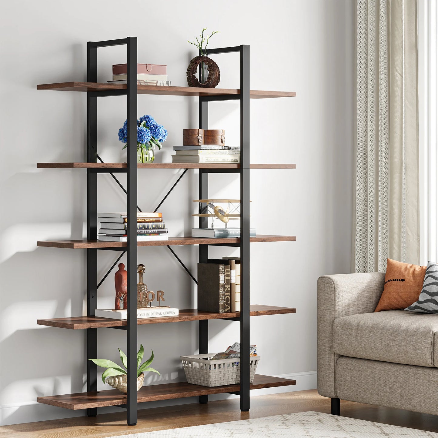 Tribesigns 5-Tier Bookshelf, Vintage Industrial Style Bookcase 72 H x 12 W x 47L Inches