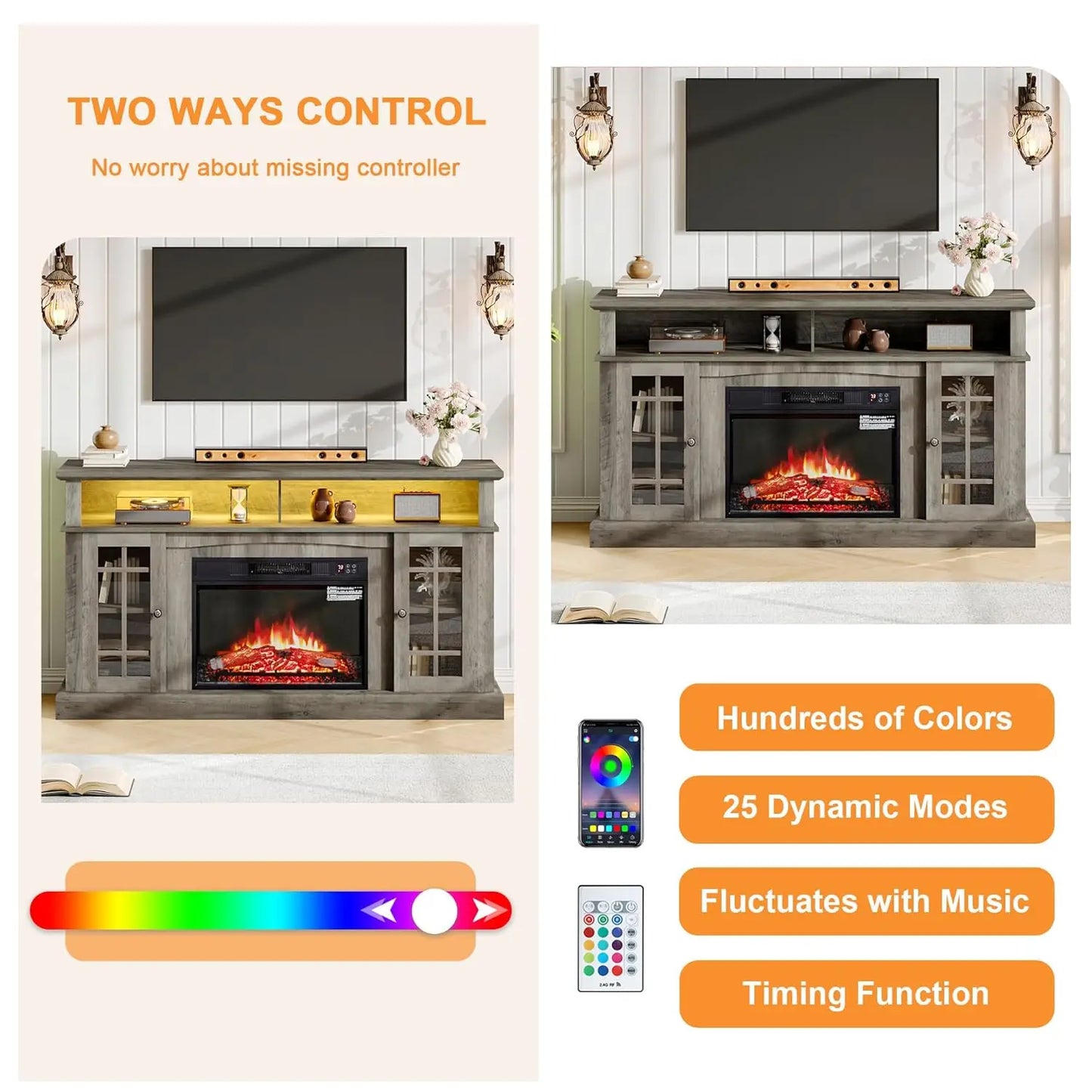 58" Fireplace TV Stand for TVs Up to 65", Farmhouse Entertainment Center with 23" Electric Fireplace & LED Light,, Customized