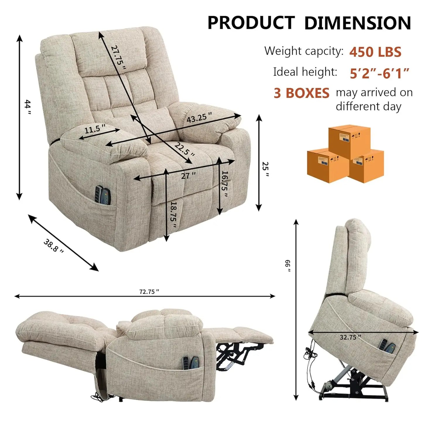 4 Motor Power Lift Recliner Chair for Elderly, Oversized Lay Flat Recliner with Massage Heat, Adjustable Headrest,, Customized