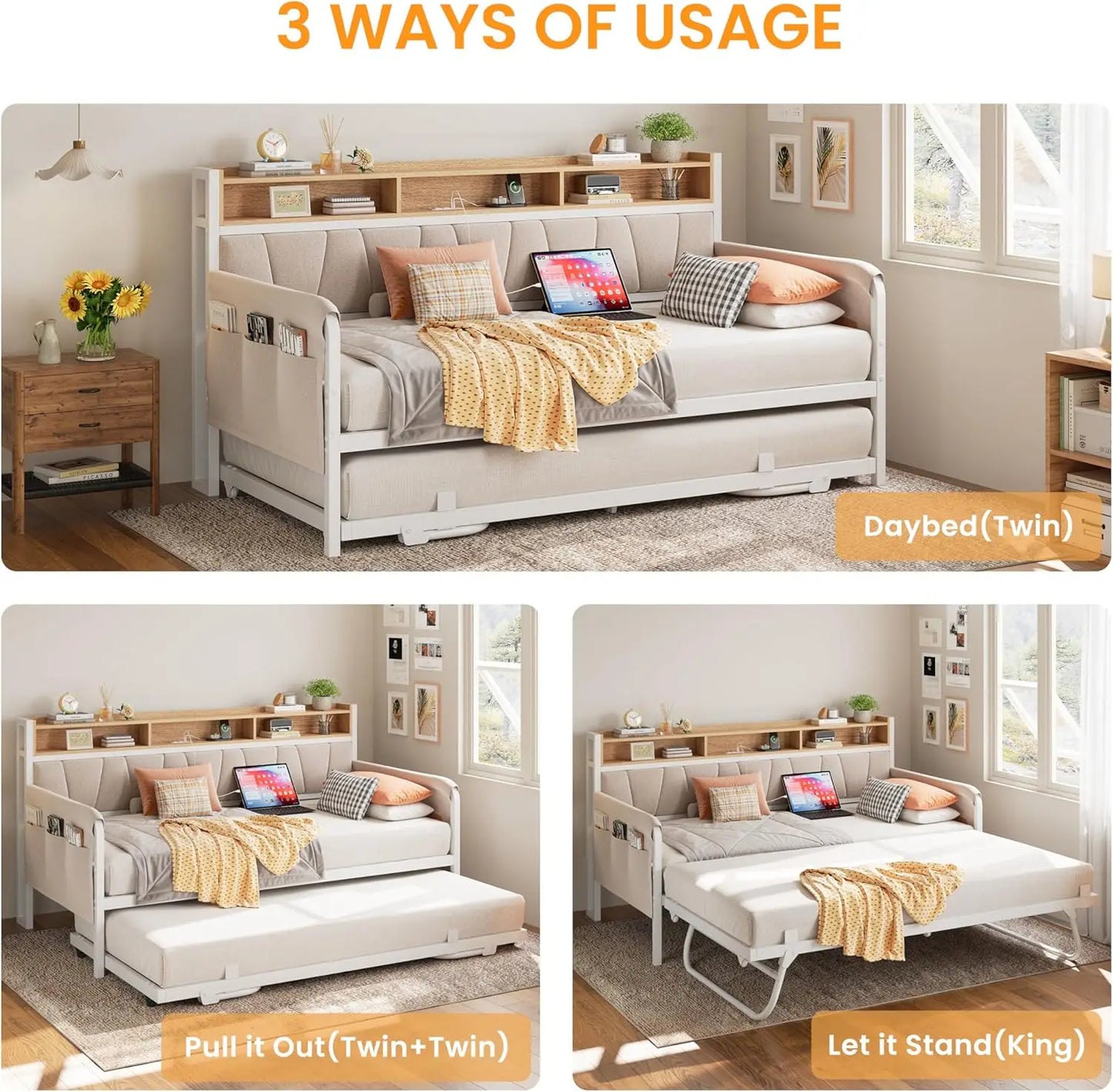 LIKIMIO Daybed with Trundle Bed, Twin Bed Frame with Upholstered Storage Headboard&Charging Station,Sofa Day Bed for Bedroom