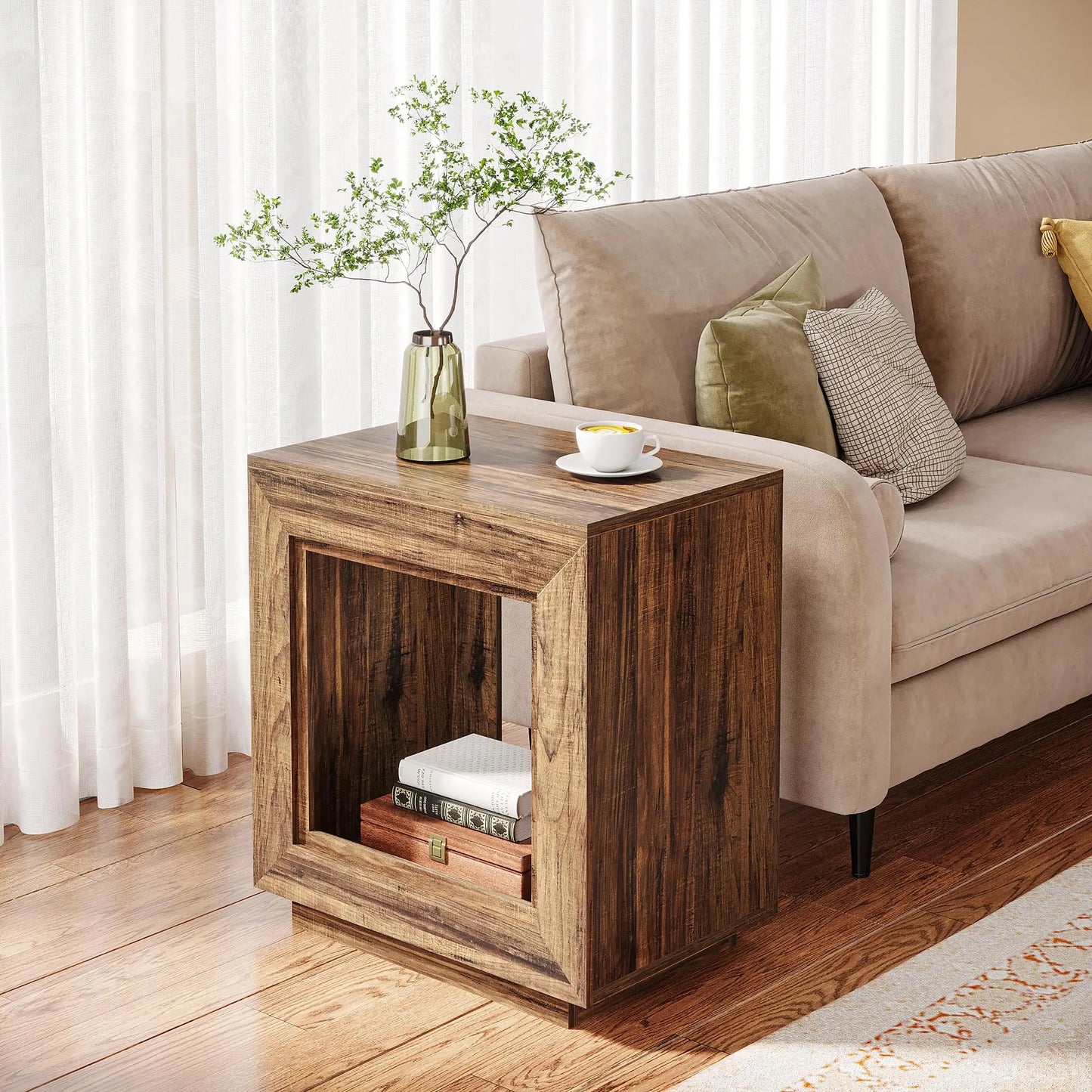 Tribesigns Rustic Wood End Table, 2 Tiered Square Side Table with Storage Shelf, Industrial Sofa Side Table for Living Room, Ent