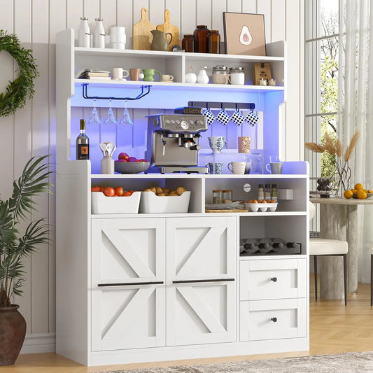 Hutch Storage Buffet Cabinet with Drawers, and Charging Station, Coffee Bar Cabinet with Barn Doors, Wine Rack and, Customized