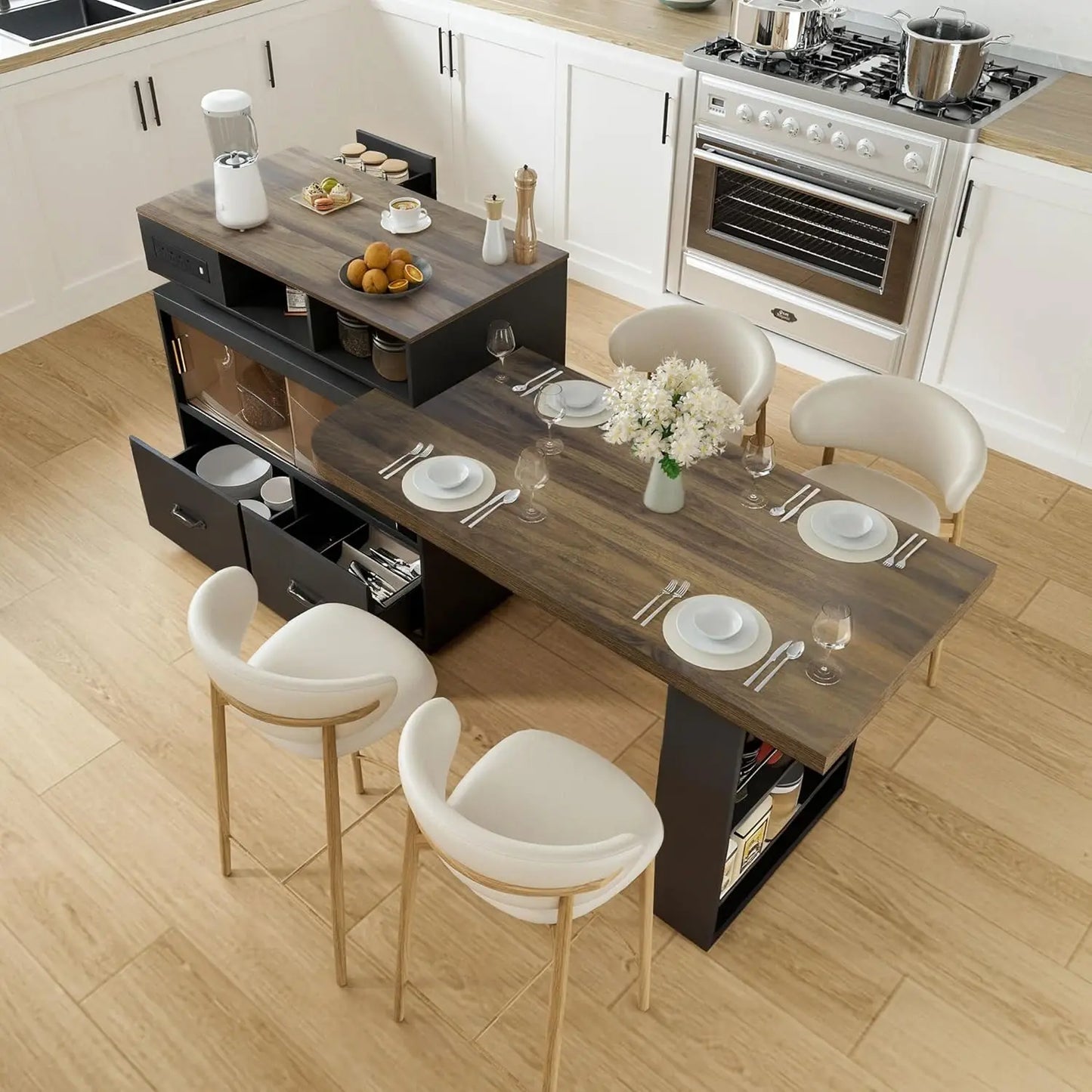 Kitchen Island with Extendable Table,Rolling Kitchen Tables with Storage & Seating,Built in Power Outlet, Kitchen, Custom