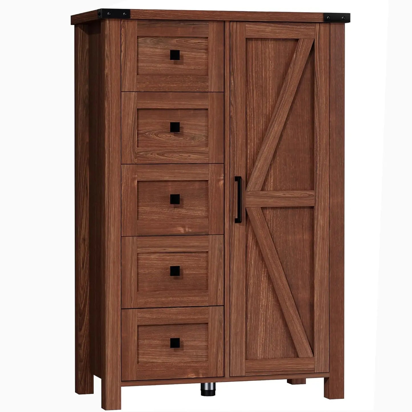 Farmhouse Dresser Storage Cabinet for Bedroom, 5 Drawer Dresser with Barn Door, 48 Inch Tall Grey Wood Chest, Customized