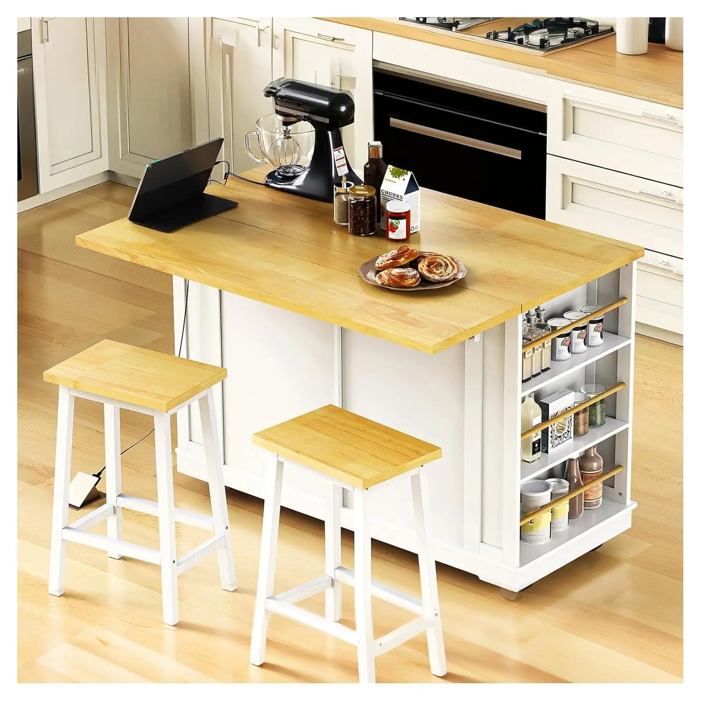 53" Rolling Kitchen Island, Drop Leaf & Power Outlet, 3 Drawers & 2 Cabinets, Mobile Kitchen Cart on 5 Lockable Wheels,, Custom