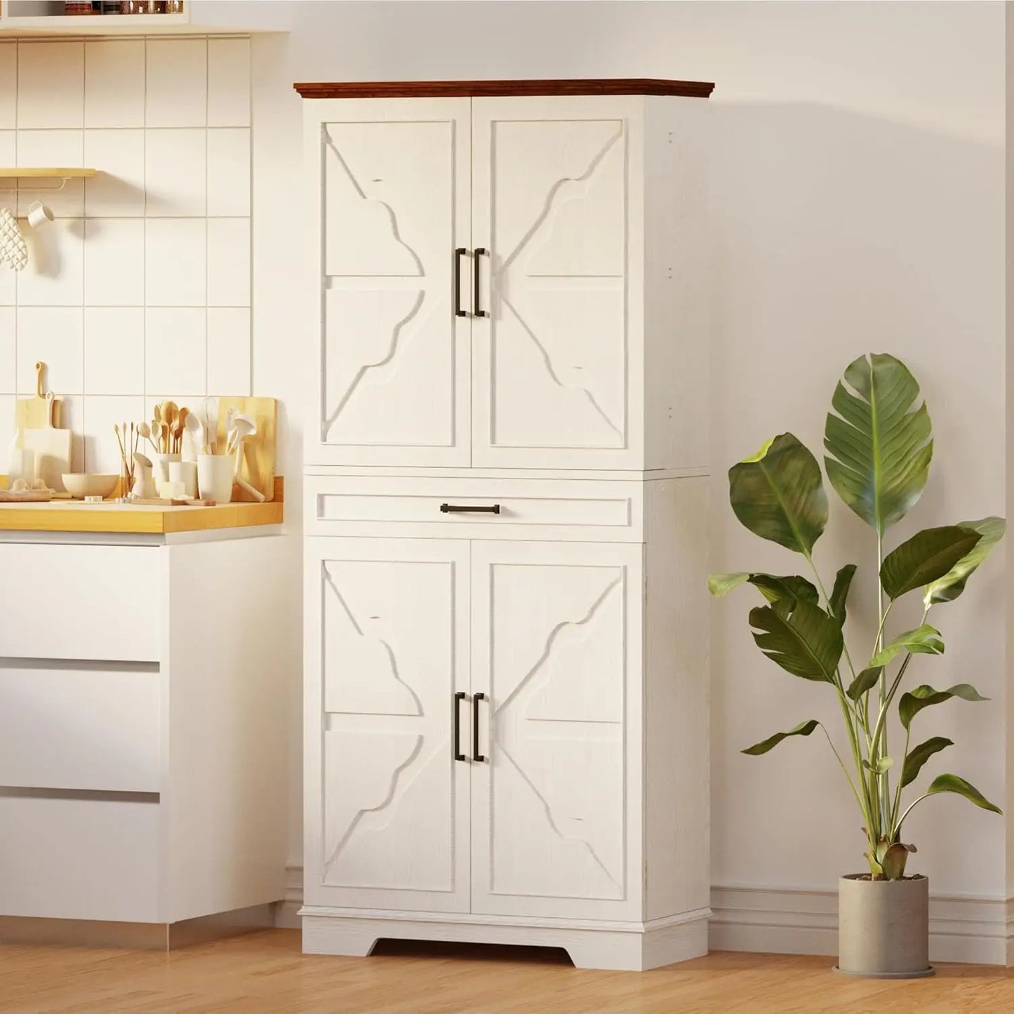 Farmhouse Pantry Cabinet, 72" Tall Kitchen Storage Cabinet, Freestanding Cupboard with Sliding Rack & 6 Hanging, Custom