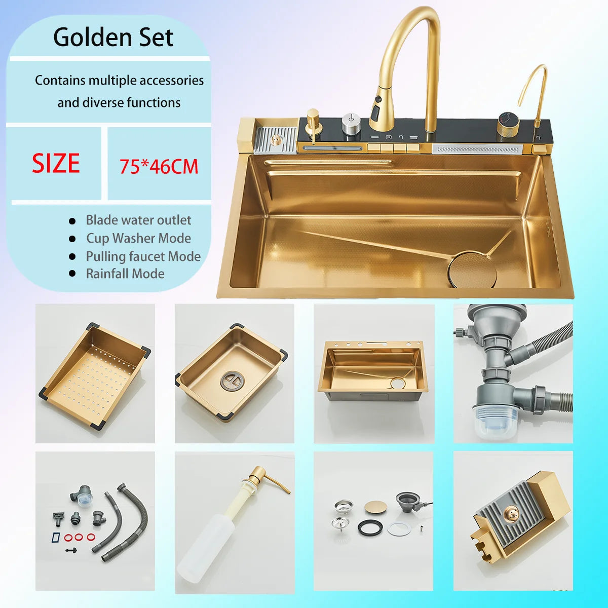 Brushed Gold 304 Stainless Steel Waterfall Style Modern Kitchen Large Single Slot Button Integrated Digital Display Faucet Set