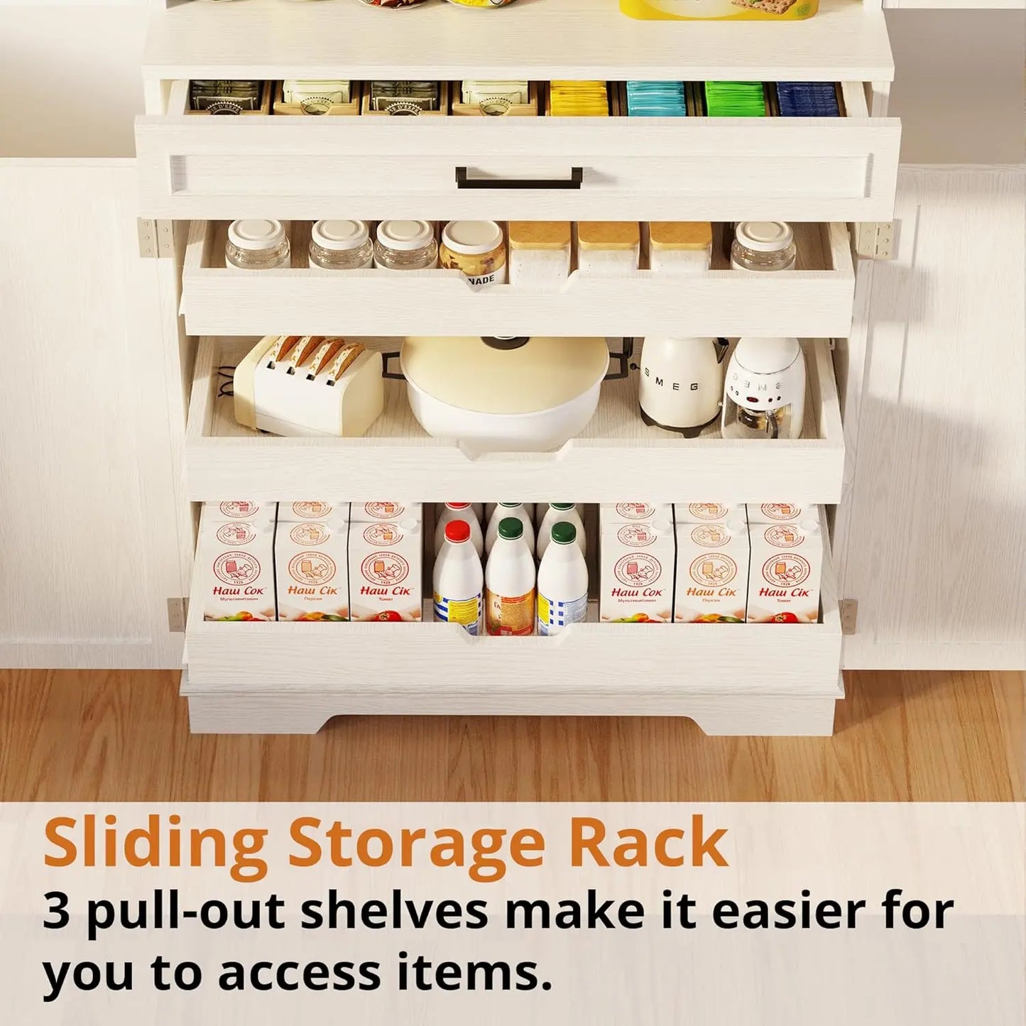 Farmhouse Pantry Cabinet, 72" Tall Kitchen Storage Cabinet, Freestanding Cupboard with Sliding Rack & 6 Hanging, Custom