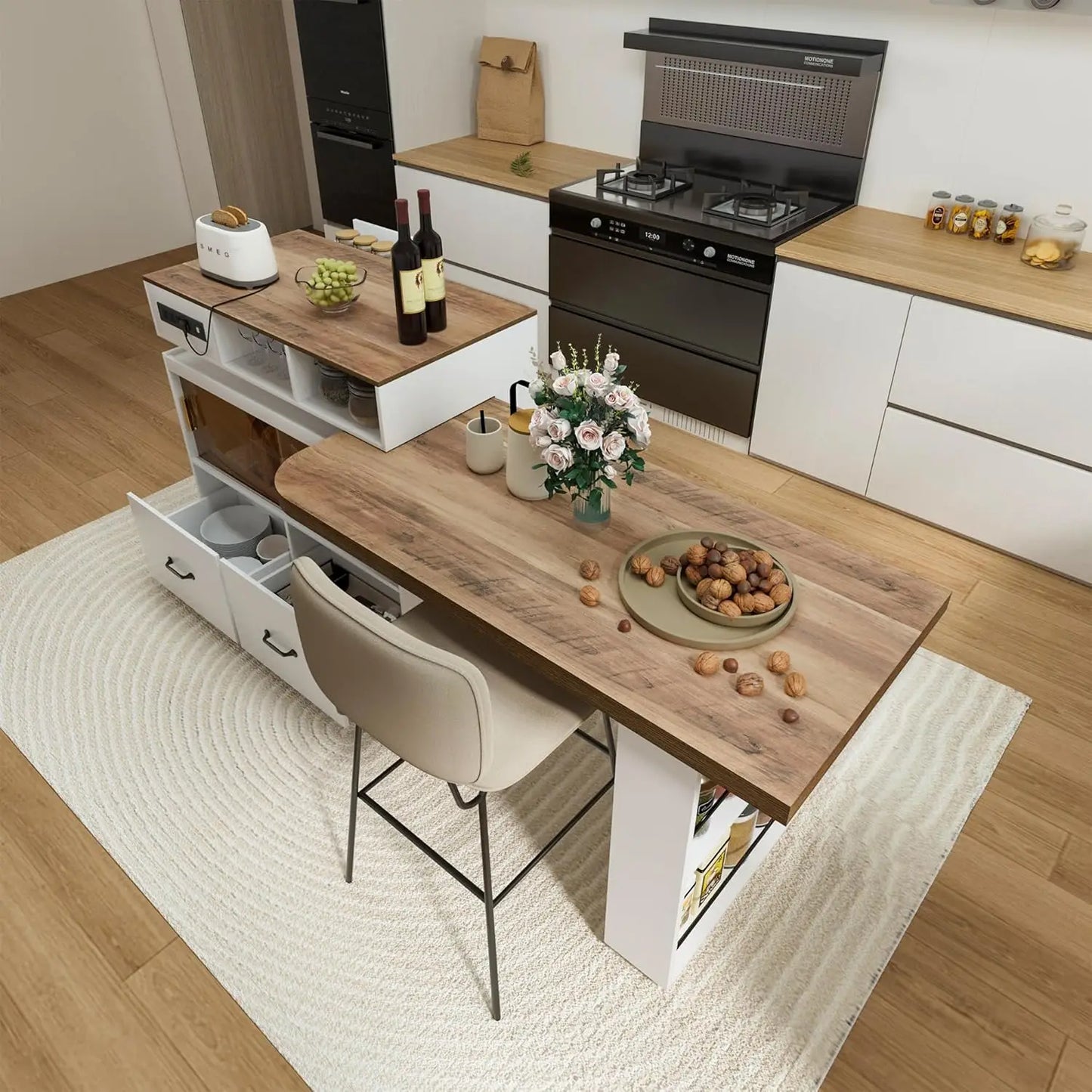 Kitchen Island with Extendable Table,Rolling Kitchen Tables with Storage & Seating,Built in Power Outlet, Kitchen, Custom