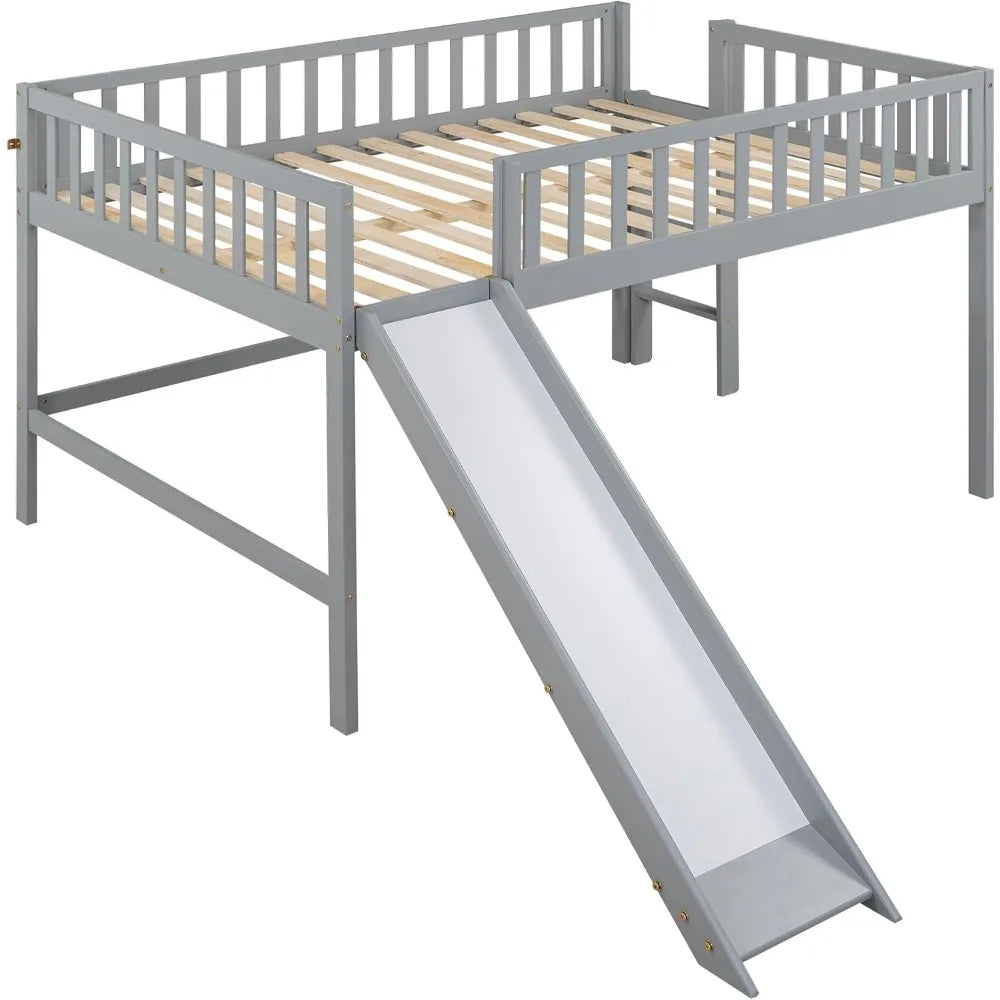 Full Size Low Loft Bed with Slide, High Guardrail & Ladder, Loft beds with Safety Rails, Wooden Full Loft Bed Frame for Kids, Bo