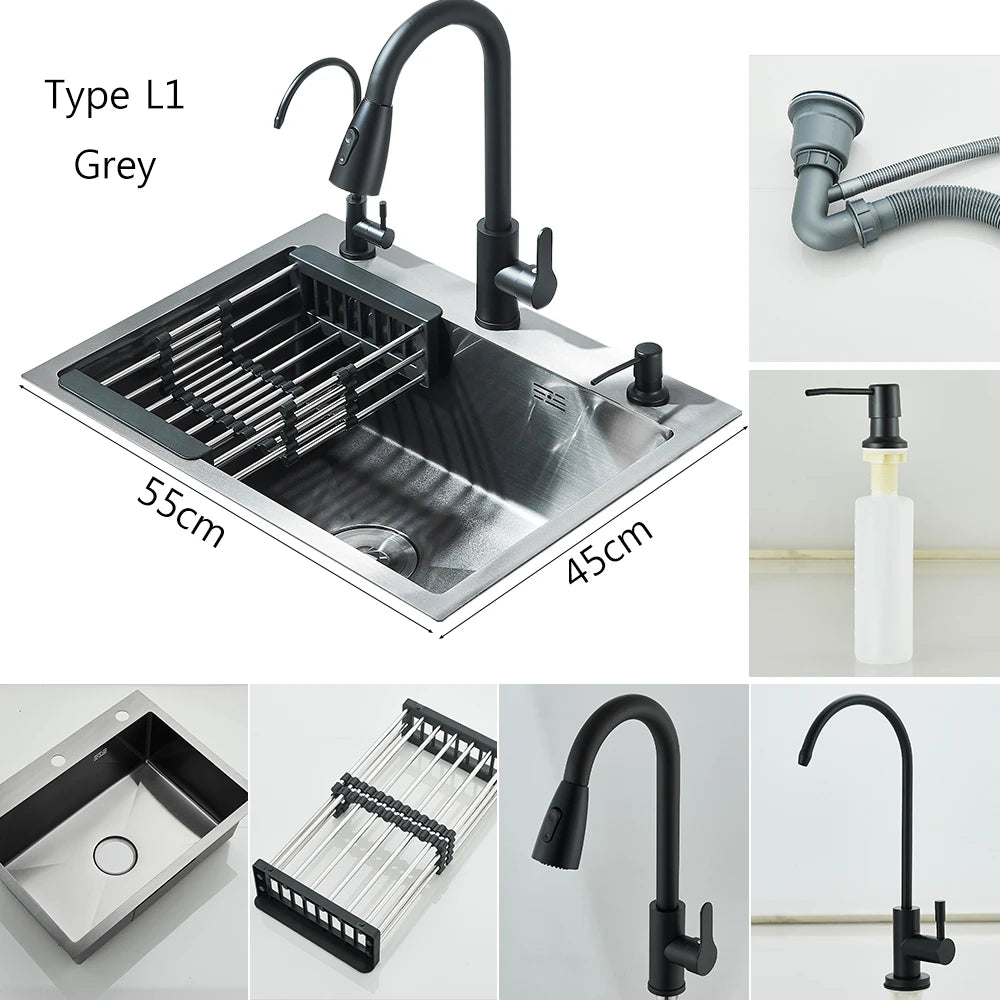 Brushed Nickel Stainless Steel Kitchen Sinks Recessed Sinks Kitchen Taps Sinks with Drains Kitchen Faucet Sink Sets