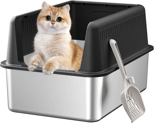 Stainless Steel Cat Litter Box with Lid, XL 19.7"L x 13.8"W x 11.8"H, High Sides Anti-Leakage Non-Stick Easy Clean with Scoop
