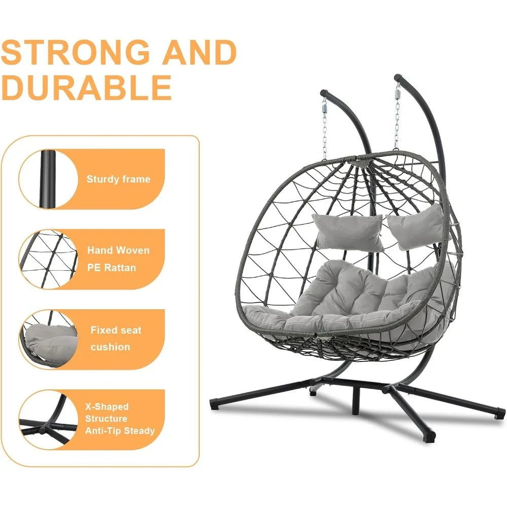 2-person Double Egg Swing Chair, Outdoor Hammock Egg Chair, Terrace Wicker Egg Chair with Cushion