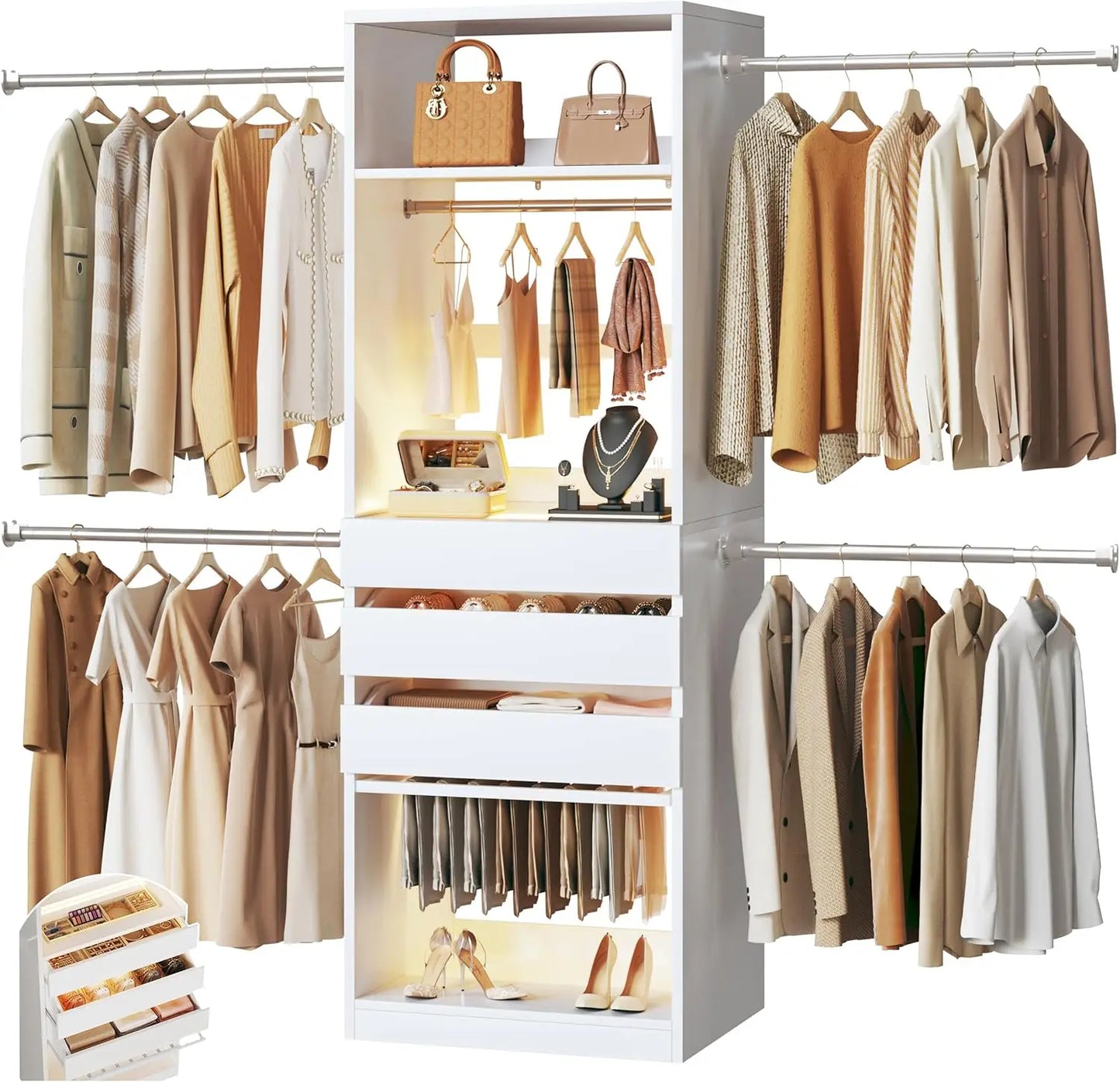 Closet System, 4-8FT Closet Organizer with 3 Wood Drawers & Glass Top, 102'' Walk in Closet with 5 Hang Rods，Customized