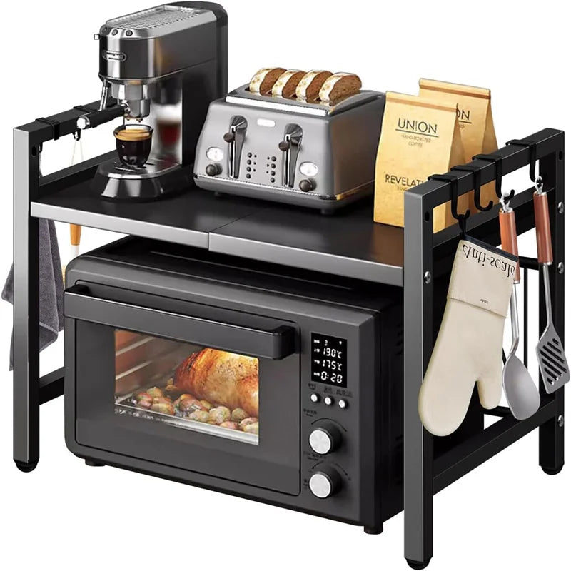 Adjustable Space-Saving Microwave Rack – 100kg Capacity, Kitchen Shelf with Hooks & Storage Organizer (Black)