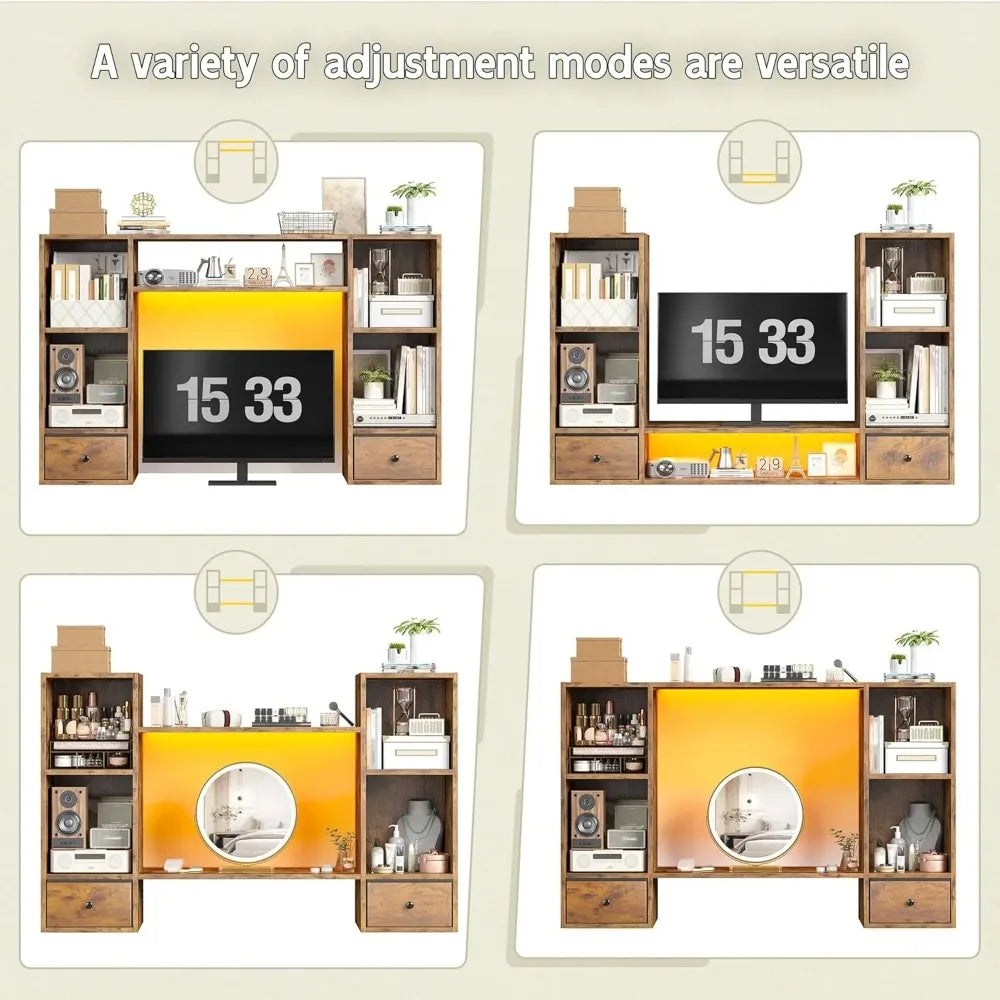 Desktop Bookshelf with LED Lights,47.2" Desktop Organizer with 6 Shelves and 2 Drawers for Top of Desk,Multipurpose, Customized