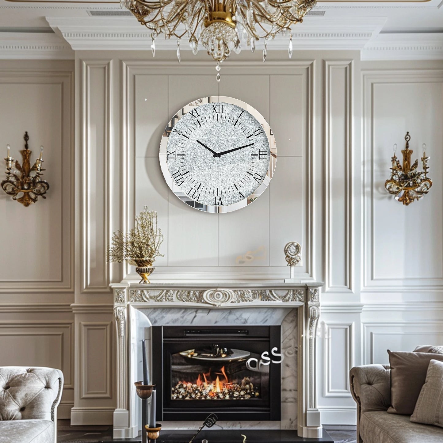 Crystal Crushed Diamond Mirrored Round Wall Clock for Wall Decoration Silver Glass Mirror Clock Sparkle Twinkle Bling Home Decor