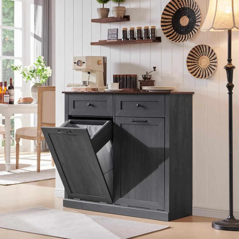 Double Tilt Out Laundry Hamper Cabinet, 20 Gallon Farmhouse Trash Can Cabinet with Drawer, Hidden Wood Garbage Can Bin Cabinet w