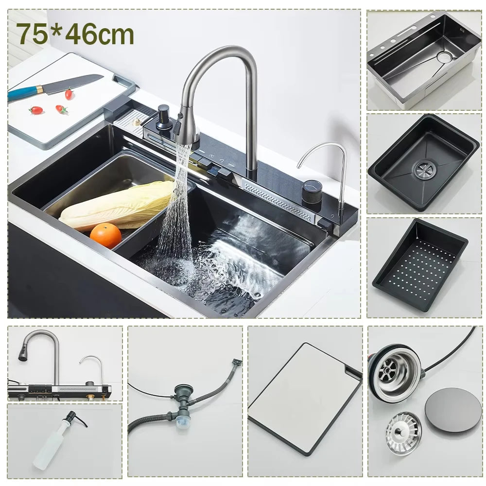 304 Stainless Steel Kitchen Waterfall Sink Digital Display Large Single Sink Dish Basin Sink With Multifunction Touch Waterfall