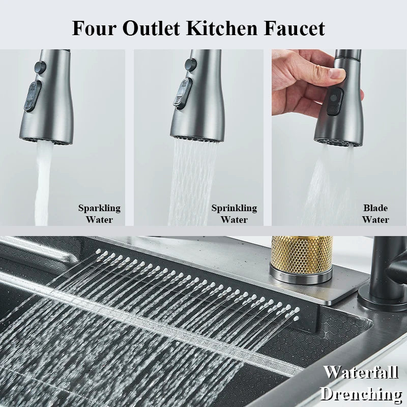 Multifunction 304 Stainless Steel Gray/Brushed Nickel Kitchen Sink Waterfall Faucet Large Single Bowl Cup Washer Pure Tap