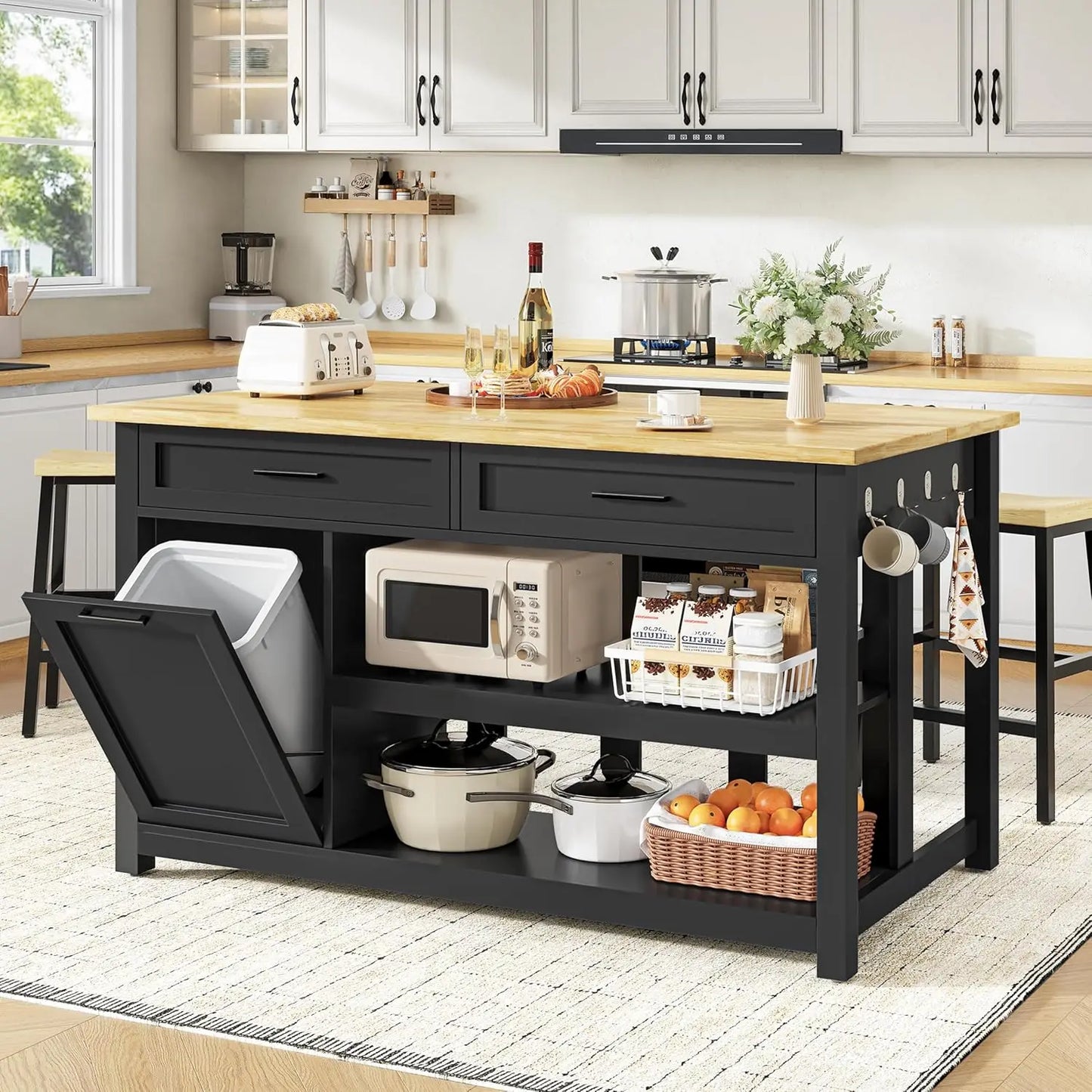 Kitchen Island with Storage and Seating Include 2 Bar Stools, 47" Solid Rubberwood Top Kitchen Island with Trash Can, Custom