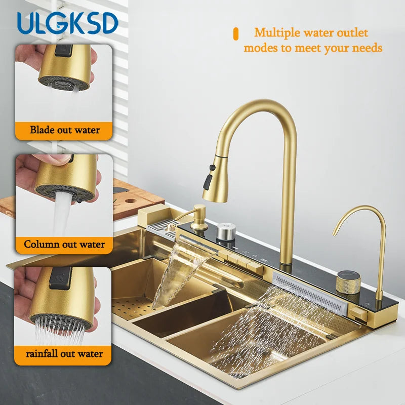 Brushed Gold 304 Stainless Steel Waterfall Style Modern Kitchen Large Single Slot Button Integrated Digital Display Faucet Set