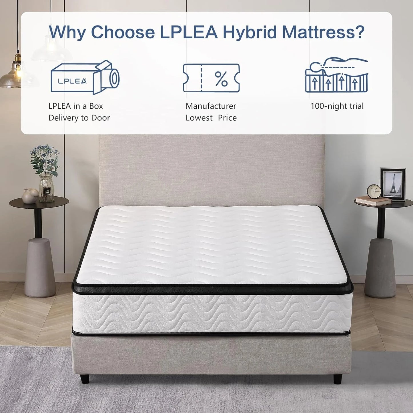 Hybrid Mattress, Memory Foam & Pocket Springs, Motion Isolation, Edge Support, Pressure Relief, Breathable Cover, Customized