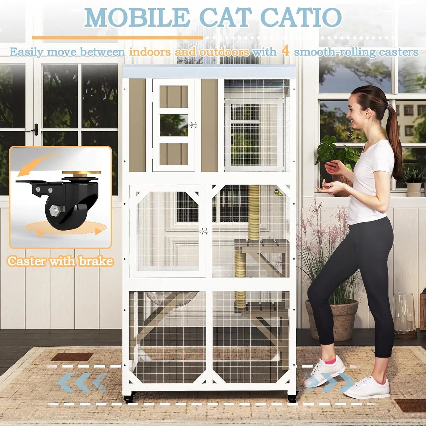 64" Large Wooden Catio Outdoor Cat Enclosure, Window Cat House with Wheels & 3 Platforms, Kitty Cage with, Customized