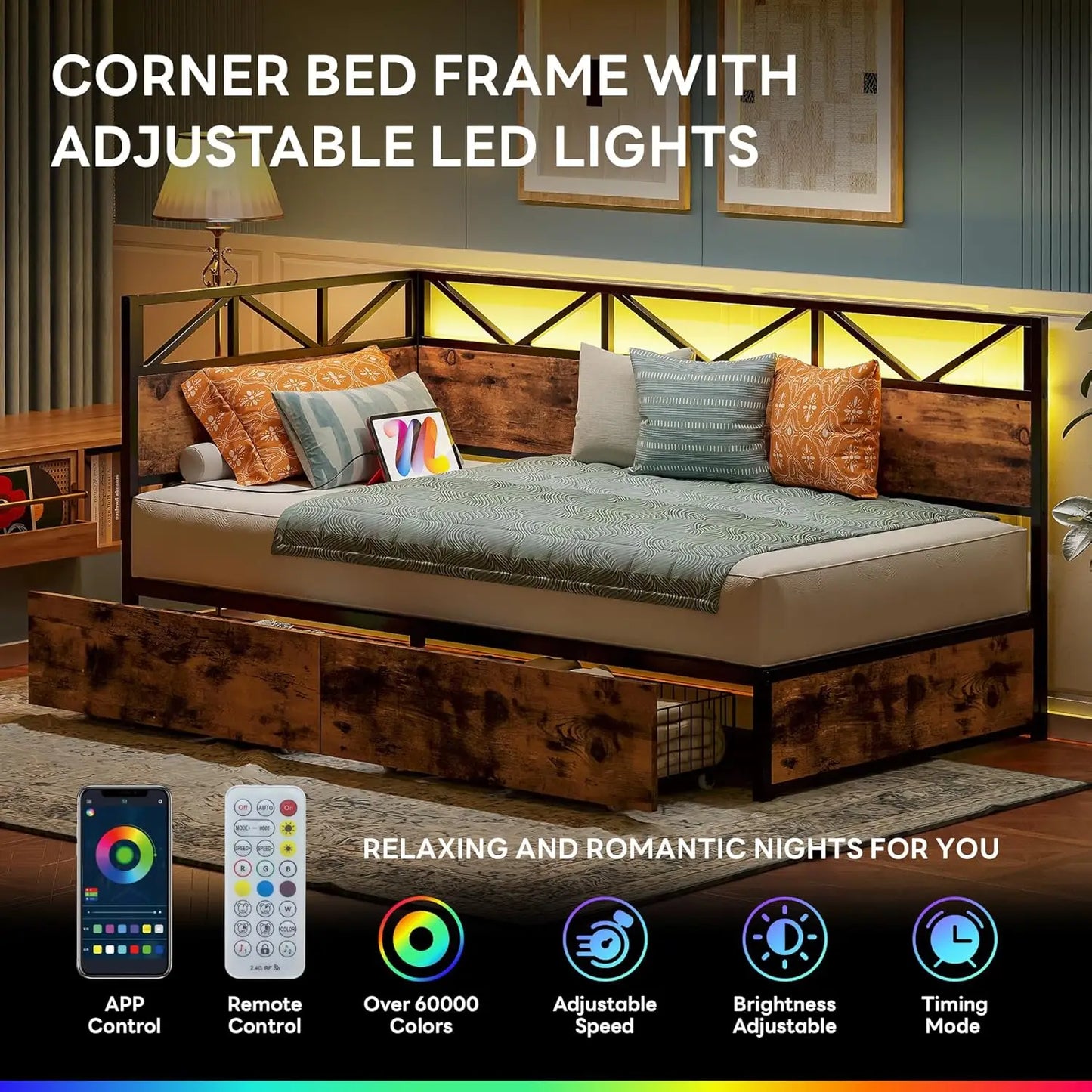 Twin Daybed with Storage Drawers and Charging Station, Corner Bed Frames with Headboard and LED Lights, Industrial, Customized