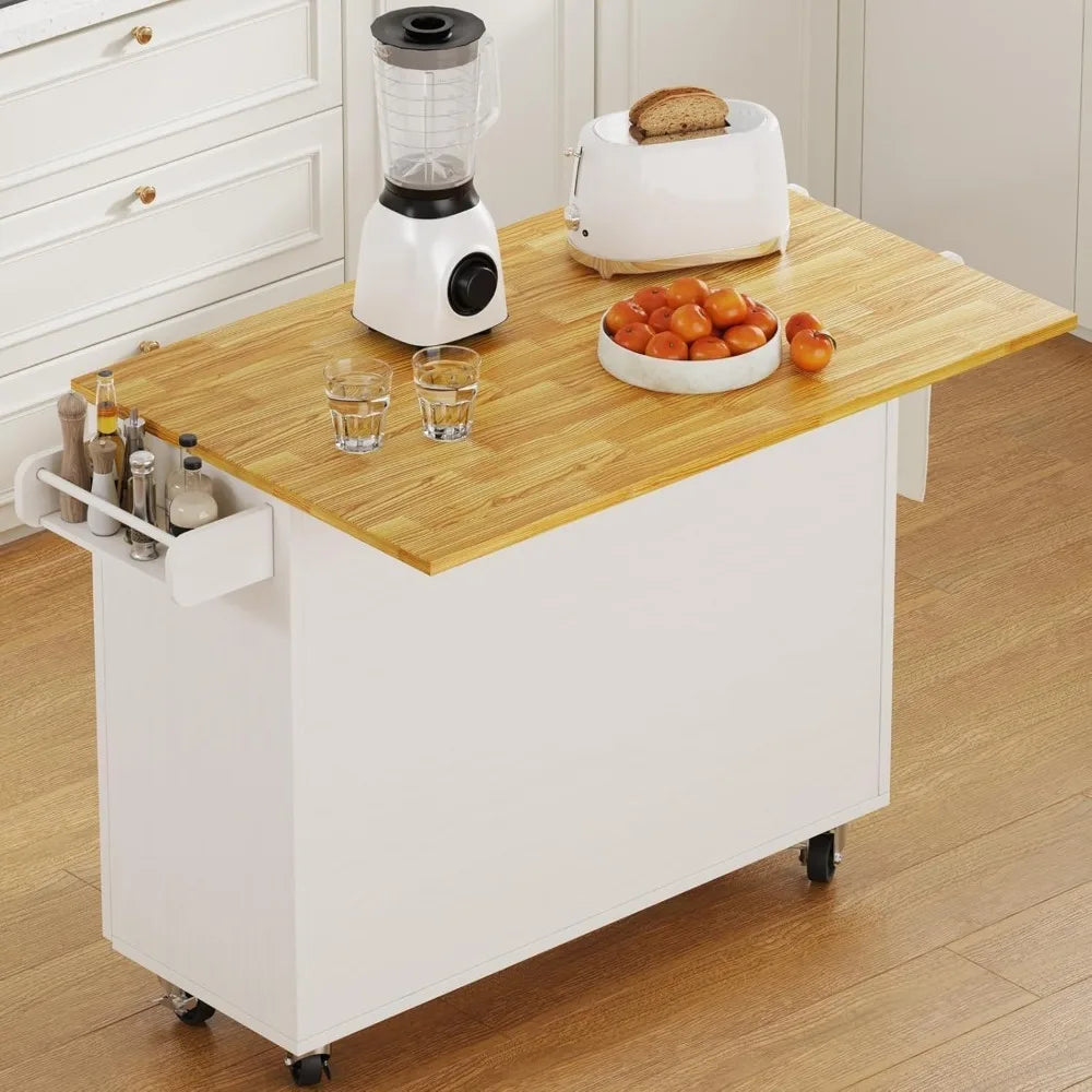 Kitchen Island with Storage on Wheels, Rolling Kitchen Island with Spice Rack & Towel Rack, Portable Island Table for Kitchen