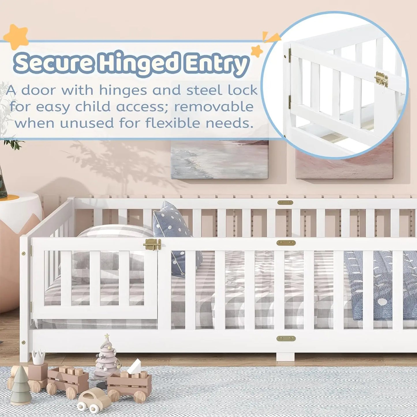 Twin Size Floor Bed with Slats and Door,Montessori Floor Bed Frame with High Rails,Twin Wood Kids Beds with Fence,No Box Spring