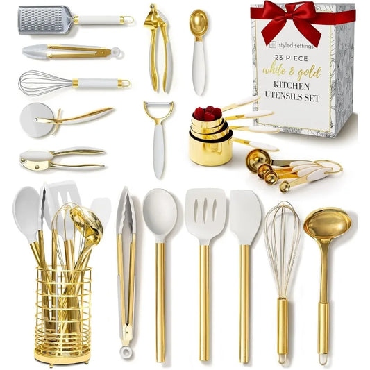 White and Gold Kitchen Utensils Set 23Piece Gold Kitchen Accessories Include Measuring Cups and Spoons Set Silicone Utensils an