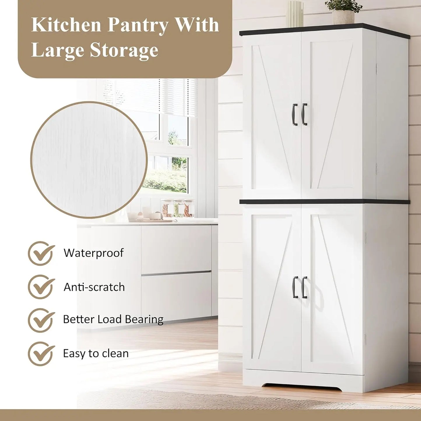 Rustic Wood Kitchen Pantry Storage Cabinet with Barn Doors 6-Tier Tall Drawer And Adjustable Shelves Customizable Cupboard
