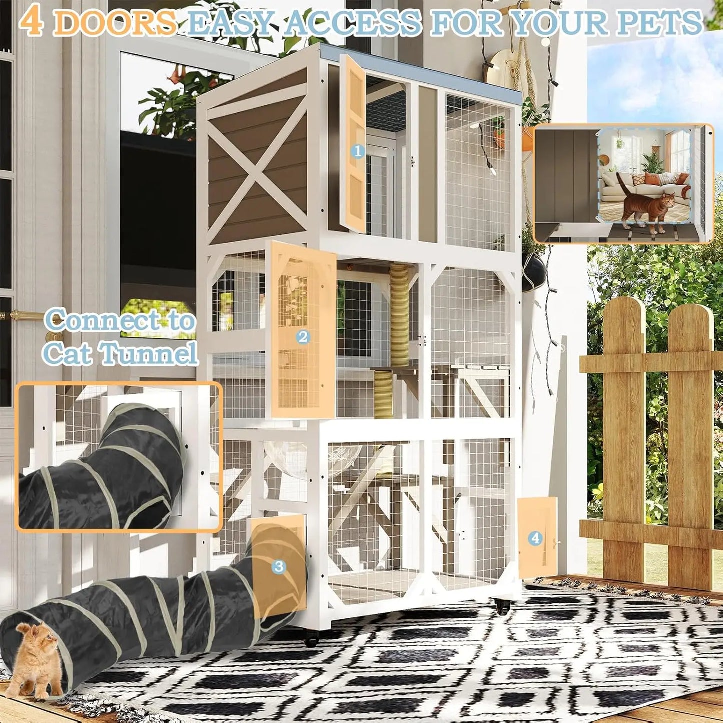 64" Large Wooden Catio Outdoor Cat Enclosure, Window Cat House with Wheels & 3 Platforms, Kitty Cage with, Customized