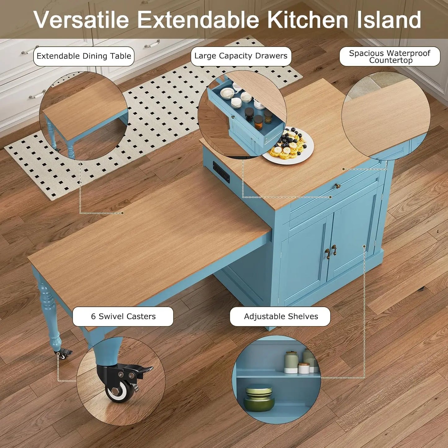 72" Kitchen Island with Extendable Table for 2-4, Island Table for Kitchen with Power Outlet and Storage Slide Out, Custom