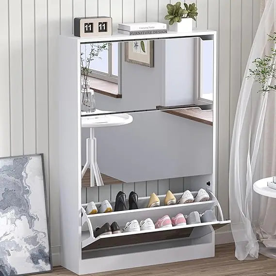 Shoe Cabinet with 3-Flip Mirror Drawers, Freestanding Shoe Rack Organizer with Hidden Handle, Slim Narrow Shoe Storage Cabinet