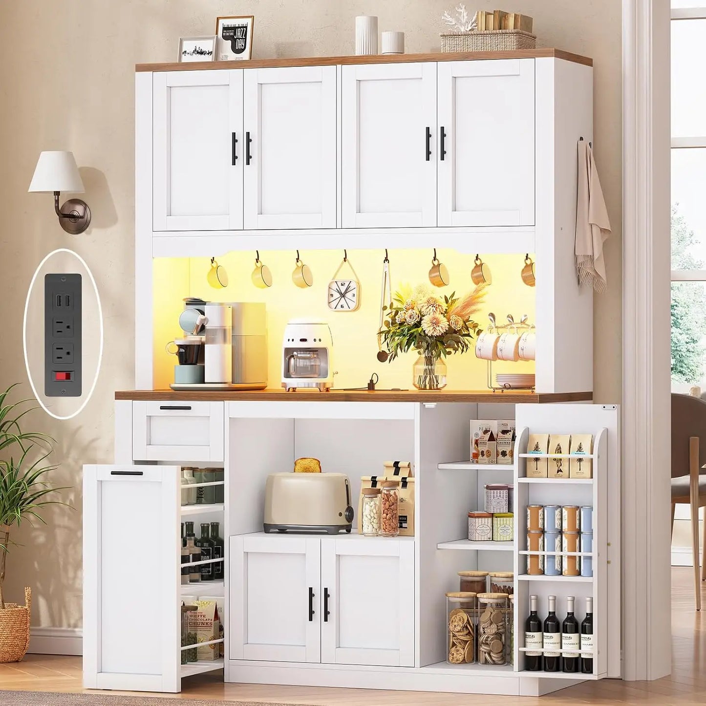 71 Inch Wide Pantry Cabinet with Charging Station And LED Light Kitchen Storage with Microwave Stand Design，Customized