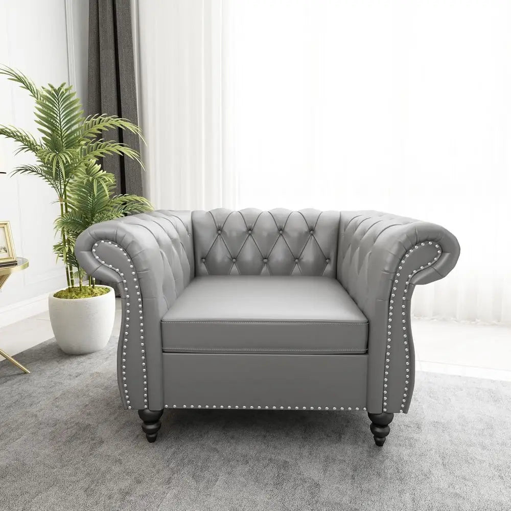 2-Piece Living Room Set: Chesterfield Leather Sofa with Scroll Arms and Nailhead Trim in Grey