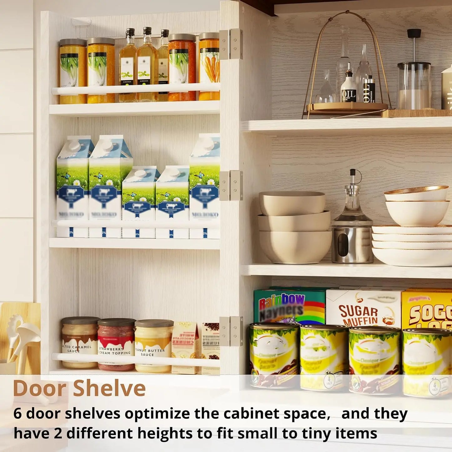 Farmhouse Pantry Cabinet, 72" Tall Kitchen Storage Cabinet, Freestanding Cupboard with Sliding Rack & 6 Hanging, Custom