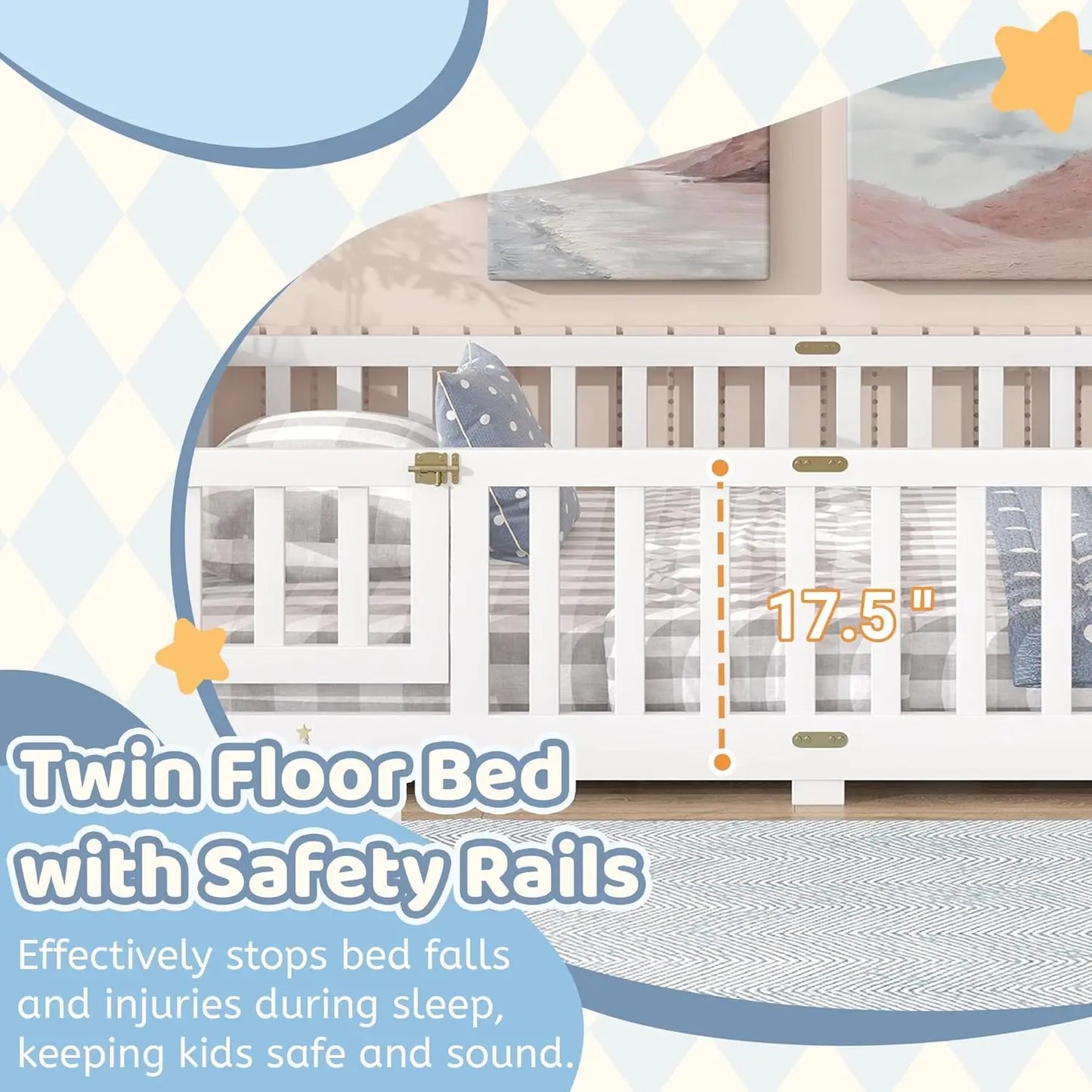 Twin Size Floor Bed with Slats and Door,Montessori Floor Bed Frame with High Rails,Twin Wood Kids Beds with Fence,No Box Spring