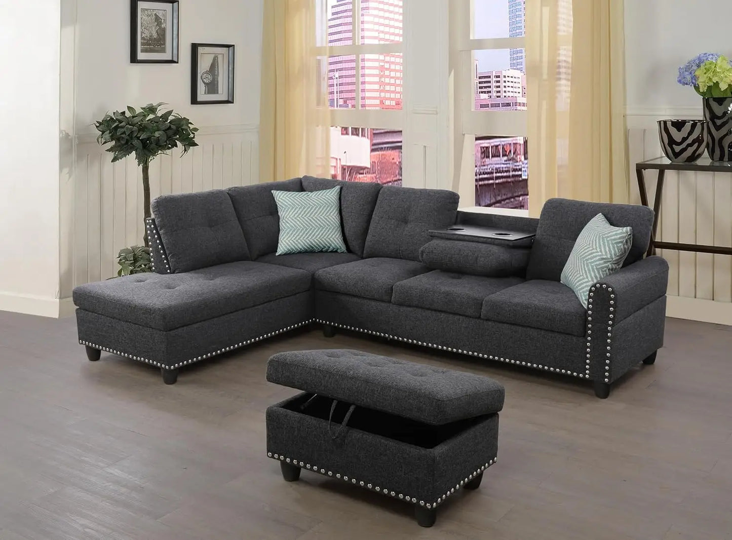 Sectional Sofa Couch, Modern 4-Seaters Living Room Furniture Sets with Chaise Lounge, Ottoman & 2 Pillows, Black