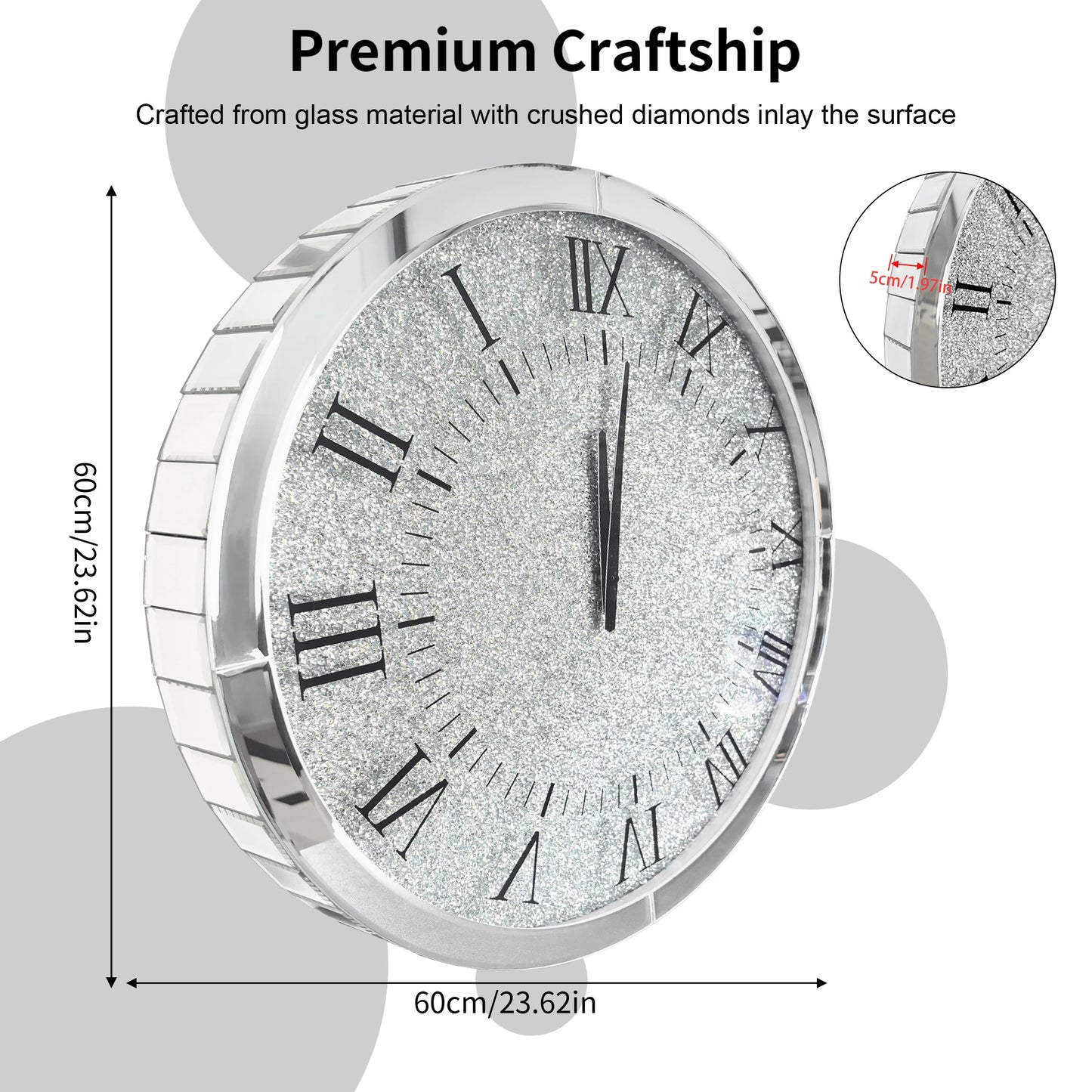 Crystal Crushed Diamond Mirrored Round Wall Clock for Wall Decoration Silver Glass Mirror Clock Sparkle Twinkle Bling Home Decor
