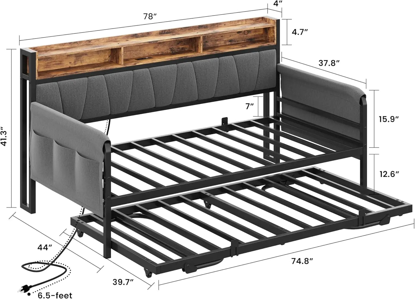 LIKIMIO Daybed with Trundle Bed, Twin Bed Frame with Upholstered Storage Headboard&Charging Station,Sofa Day Bed for Bedroom