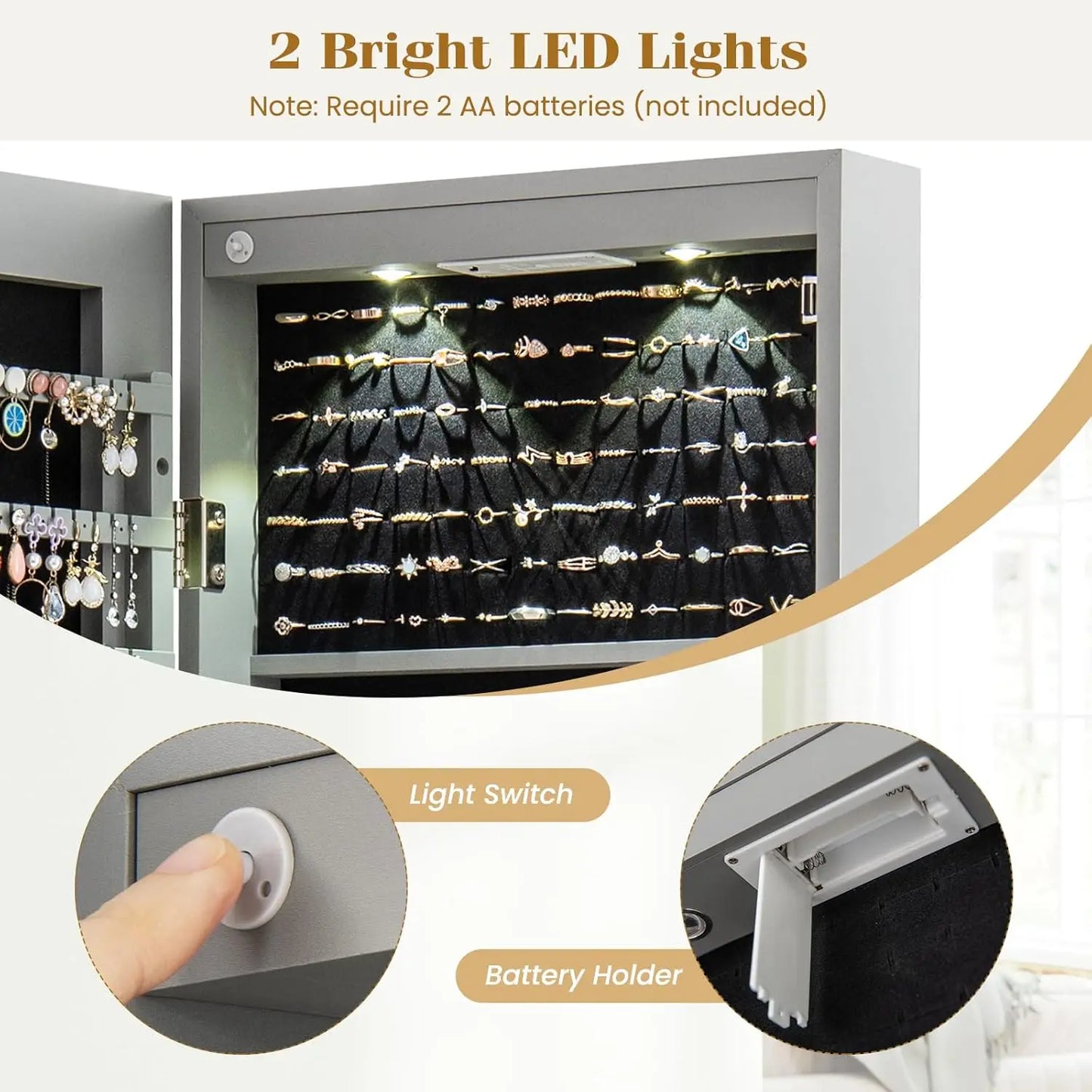 Wall Door Mounted Jewelry Armoire with 47.5 Full Length Mirror & 2 LED Lights, Large Storage Capacity, Lockable Mirror