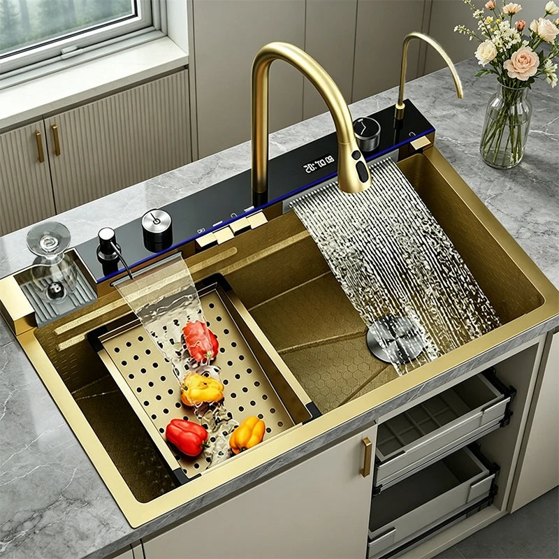 Stainless Steel Kitchen Sink Large Single Slot Multifunctional Waterfall Digital Display Faucet Wash Dish Bowl Undermount Basin