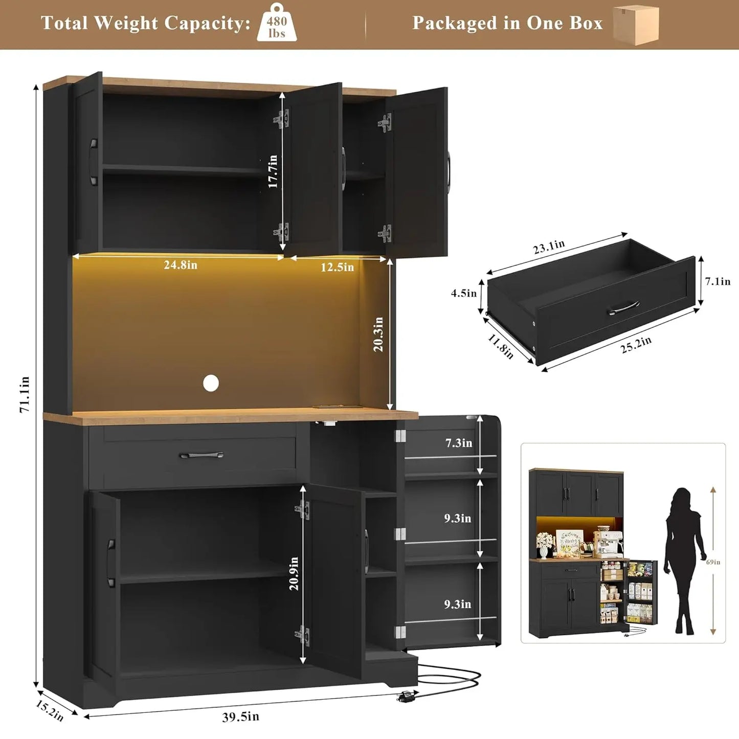 71" LED Kitchen Pantry Cabinet with Power Outlet, Tall Hutch Storage Cabinet with Microwave Stand & 6 Door Shelves,, Customized
