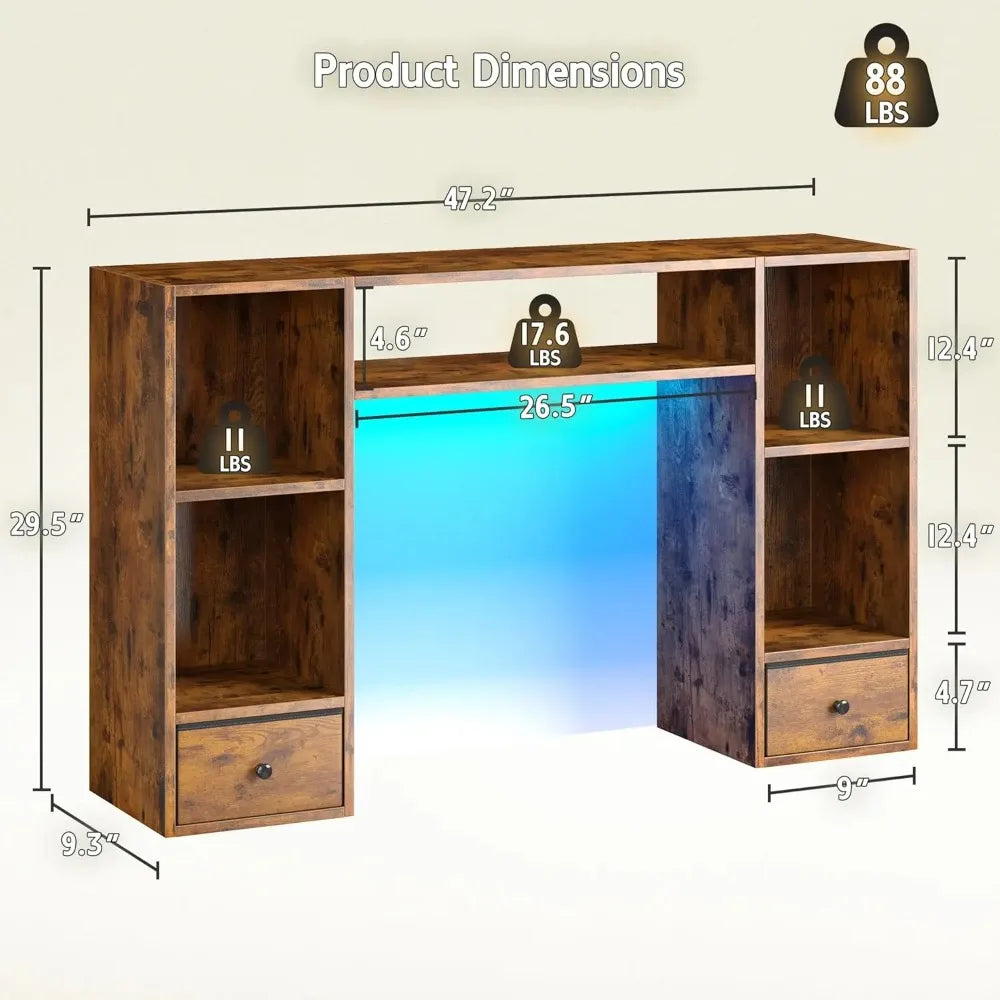 Desktop Bookshelf with LED Lights,47.2" Desktop Organizer with 6 Shelves and 2 Drawers for Top of Desk,Multipurpose, Customized