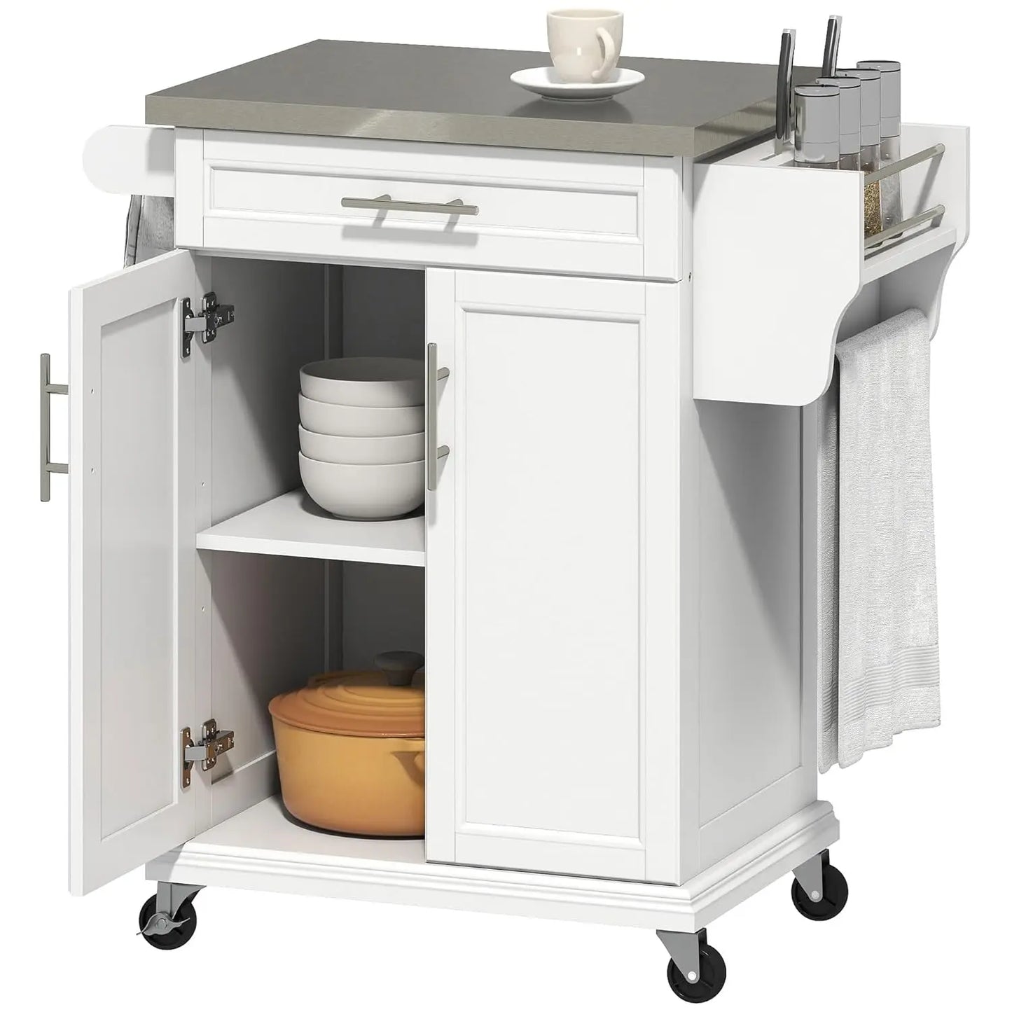Kitchen Island on Wheels, Rolling Kitchen Cart with Stainless Steel Countertop, Drawer, Towel Rack and Spice Rack,, Customized