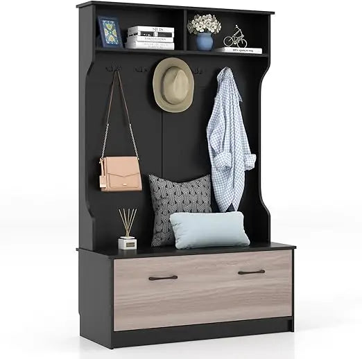 Hall Tree with Coat Rack and Storage Bench, Multifunctional Coat Rack with Entryway Bench, 5 Double Hooks